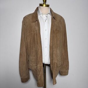 Grant Thomas Suede Leather Jacket Mens XL Tan Solid Full Zip Bomber Harrington